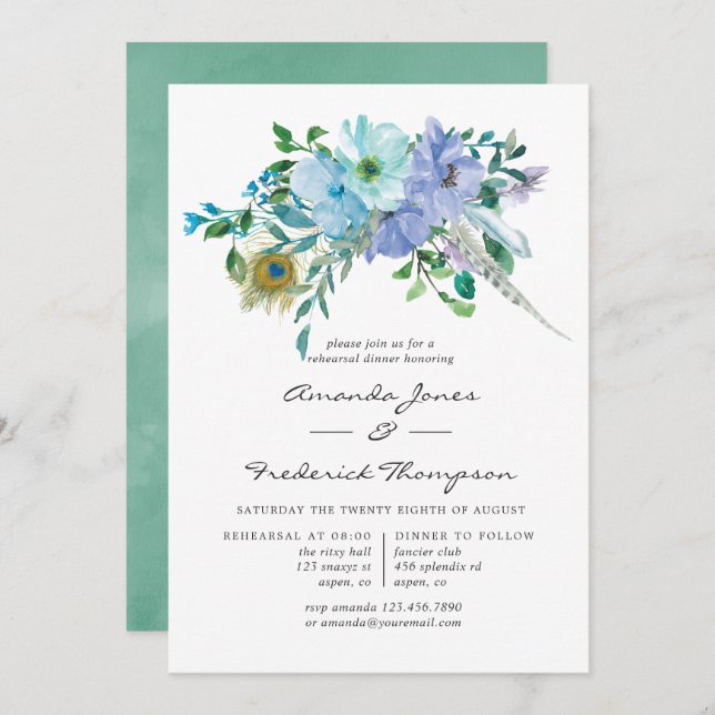 Mint and Blue Boho Floral Rehearsal Dinner Invitation (Front/Back)