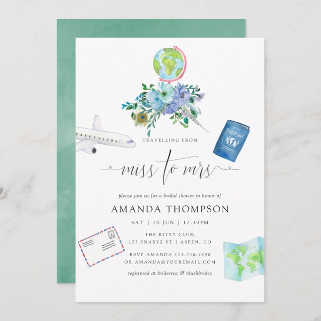 Mint and Blue Boho Miss To Mrs Bridal Shower Invitation (Front/Back)