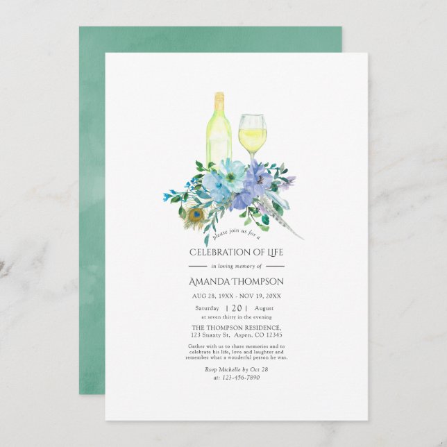 Mint and Blue Boho Wine Theme Celebration of Life Invitation (Front/Back)