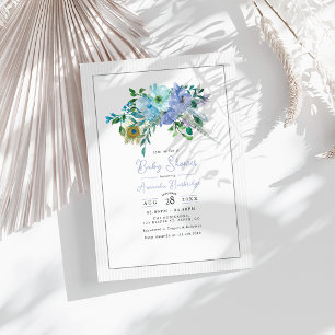 Mint and Blue Watercolor Boho Floral Baby Shower Invitation