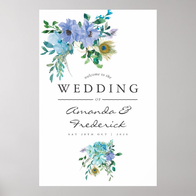 Mint and Blue Watercolor Floral Wedding Welcome Poster (Front)