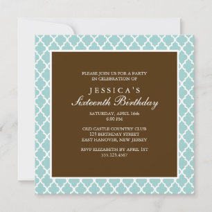 Mint and Brown Elegant Quatrefoil Birthday Invitation
