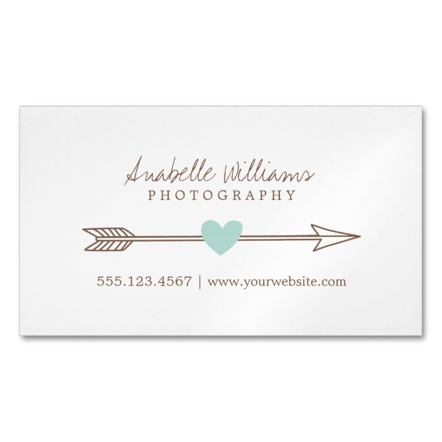 Mint and Brown Heart and Arrow Magnetic Business Card (Front)