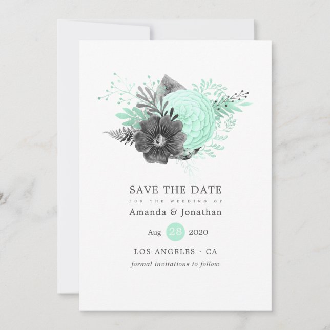 Mint and Charcoal Black Floral Rustic Wedding Save The Date (Front)