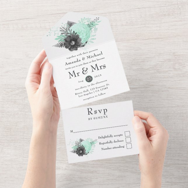 Mint and Charcoal Floral Rustic Wedding All In One All In One Invitation (Tearaway)
