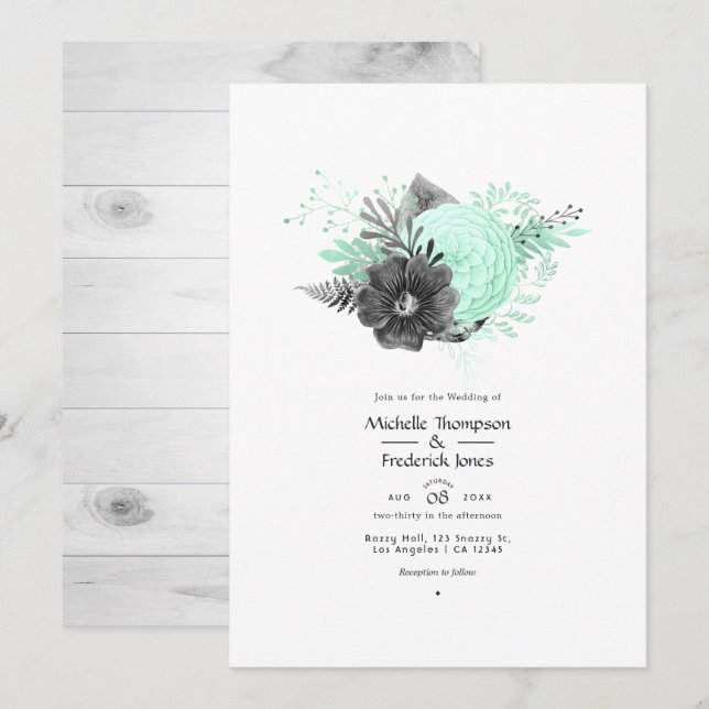 Mint and Charcoal Floral Rustic Wedding Invitation (Front/Back)