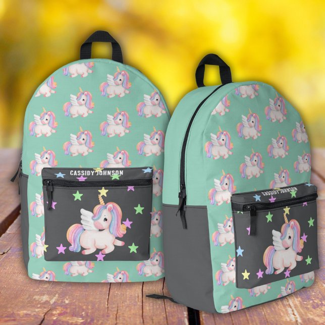 Mint and charcoal rainbow unicorn name  printed backpack (Creator Uploaded)