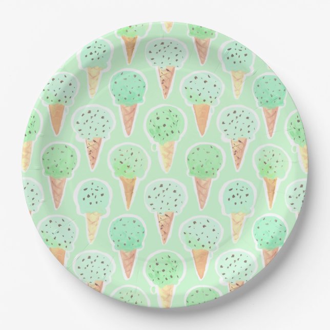 Mint and Chip Ice Cream Cone Pattern Paper Plate (Front)