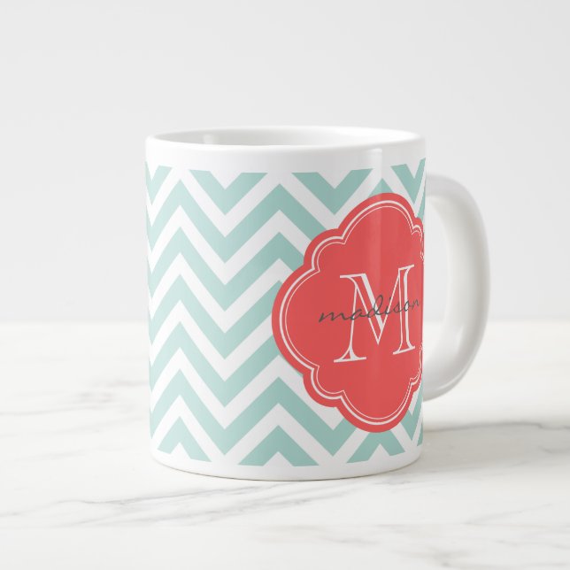 Mint and Coral Chevron Custom Monogram Large Coffee Mug (Front Right)