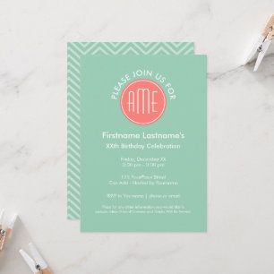 Mint and Coral Chevrons Custom Monogram Invitation
