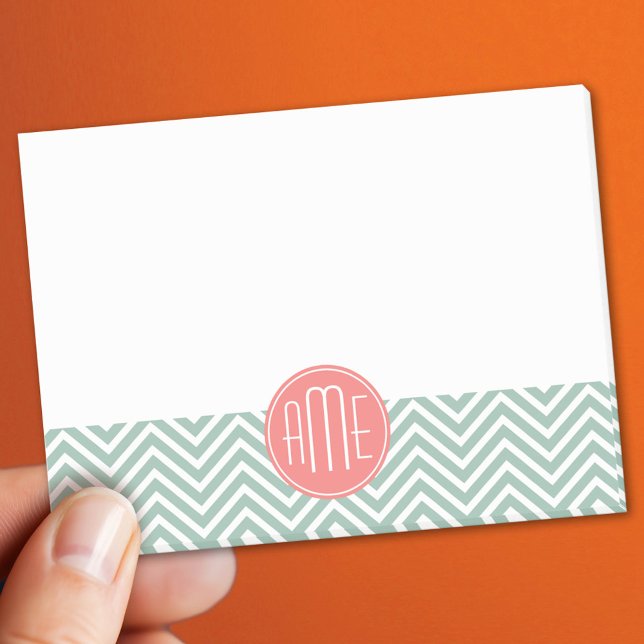 Mint and Coral Chevrons Custom Monogram Post-it Notes (Custom Post It Notepad)
