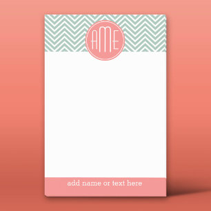 Mint and Coral Chevrons Custom Monogram Post-it Notes