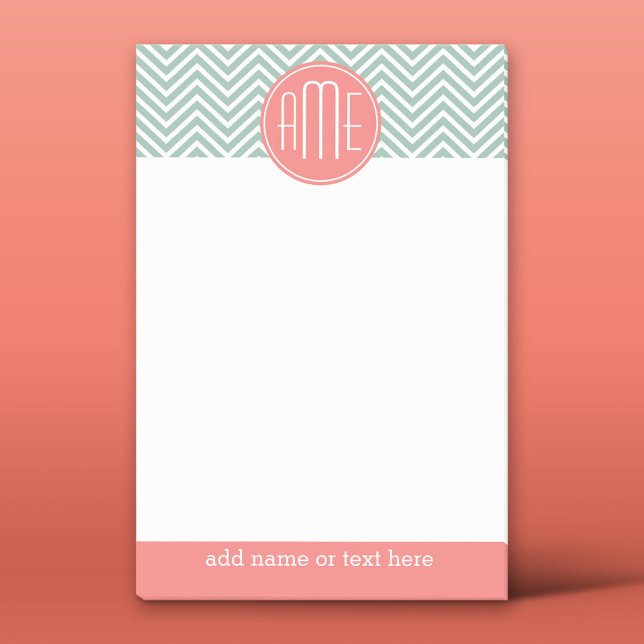 Mint and Coral Chevrons Custom Monogram Post-it Notes (Custom Post-it Notepad)