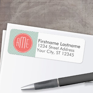 Mint and Coral Chevrons Custom Monogram Return Address Label