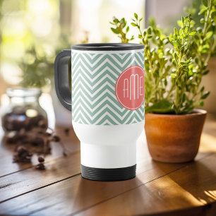 Mint and Coral Chevrons Custom Monogram Travel Mug