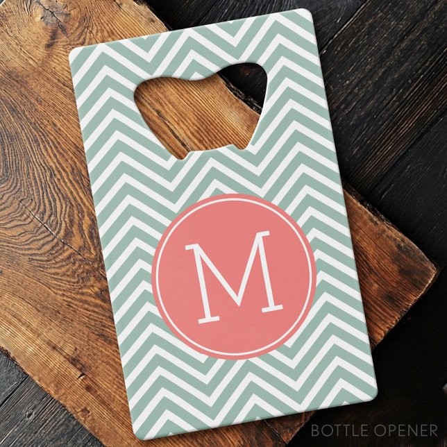 Mint and Coral Chevrons with Custom Monogram (Custom Bottle Opener)