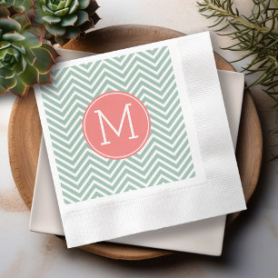 Mint and Coral Chevrons with Custom Monogram Napkin