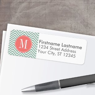 Mint and Coral Chevrons with Custom Monogram Return Address Label