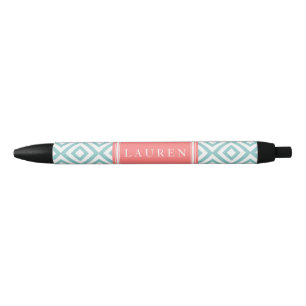 Mint and Coral Diamonds Pattern Black Ink Pen