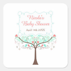 Mint and Coral Floral Bird Baby Shower Square Sticker
