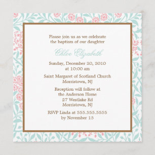 Mint and Coral Floral Damask Christening Invitation