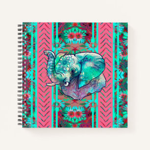Mint and Coral Floral Tribal Boho Elephant Notebook