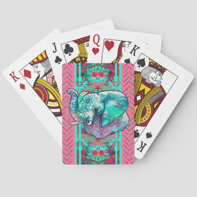 Mint and Coral Floral Tribal Boho Elephant Playing Cards (Back)