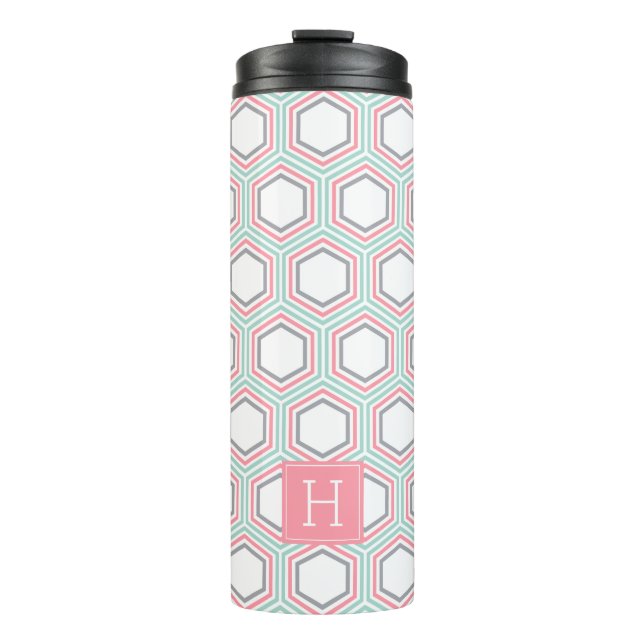 Mint and Coral Geometric Pattern and Monogram Thermal Tumbler (Front)