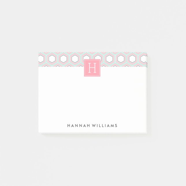 Mint and Coral Geometric Pattern Monogram Post-it Notes (Front)
