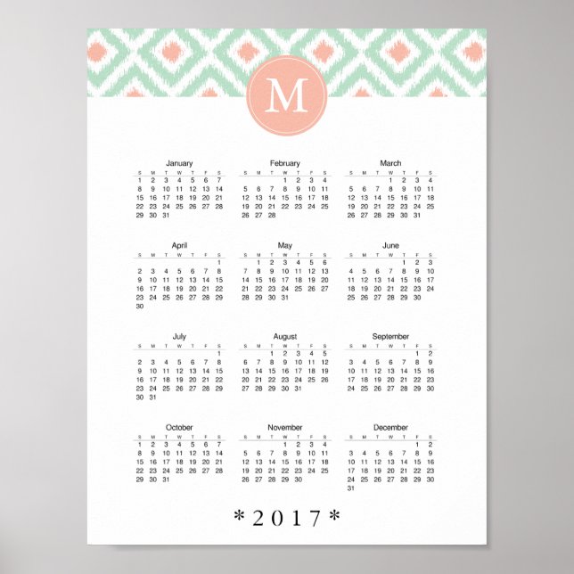 Mint and Coral Ikat Pattern 2017 Calendar Poster (Front)