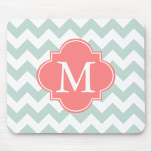 Mint and Coral Modern Chevron Custom Monogram Mouse Pad