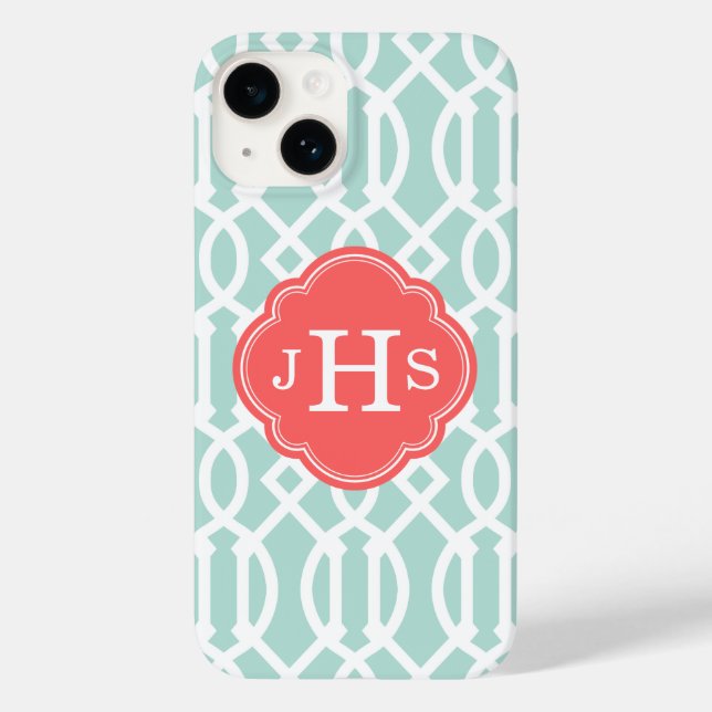 Mint and Coral Modern Trellis Custom Monogram Case-Mate iPhone Case (Back)