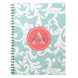 Mint and Coral Monogrammed Damask Print Notebook