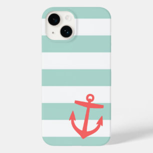 Mint and Coral Nautical Stripes and Anchor Case-Mate iPhone 14 Case