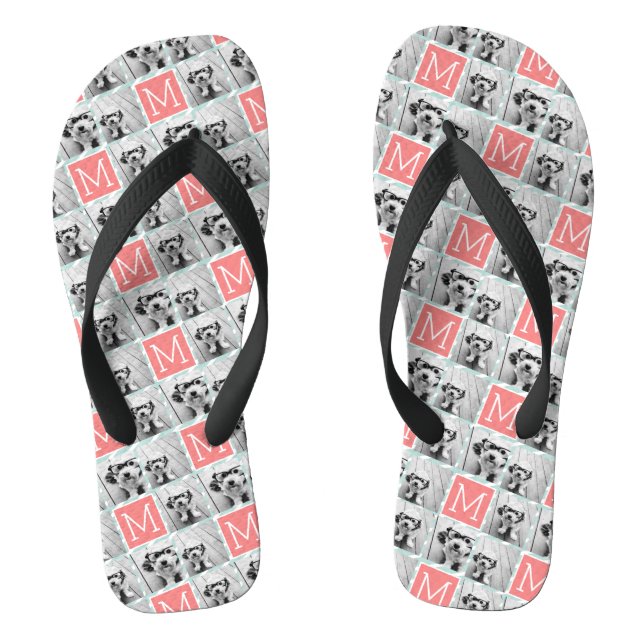 Mint and Coral Photo Collage Custom Monogram Thongs (Footbed)