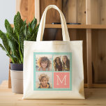 Mint and Coral Photo Collage Custom Monogram Tote Bag<br><div class="desc">Use 3 square photos to create a unique and personal gift. Or you can keep the hipster puppy and make a trendy keepsake. If you need to adjust the pictures,  click on the customize tool to make changes.</div>