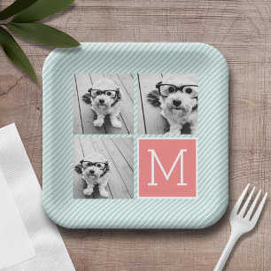 Mint and Coral Photo Collage Monogram Paper Plate