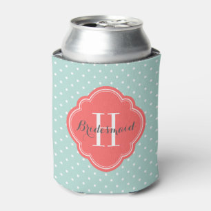 Mint and Coral Polka Dots Monogram Can Cooler