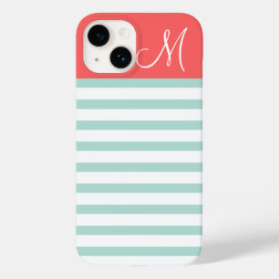 Mint and Coral Preppy Stripes Custom Monogram Case-Mate iPhone 14 Case