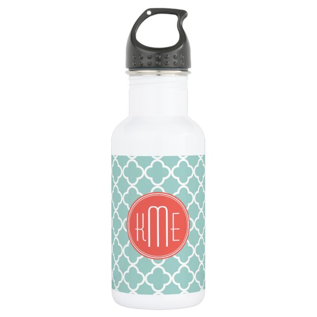 Mint and Coral Quatrefoil with Custom Monogram 532 Ml Water Bottle (Front)