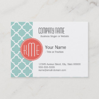 Mint and Coral Quatrefoil with Custom Monogram Business Card