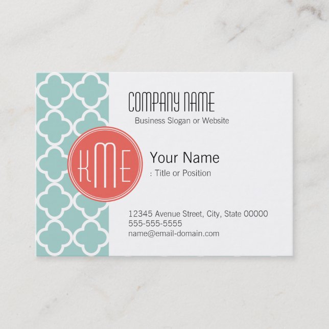 Mint and Coral Quatrefoil with Custom Monogram Business Card (Front)