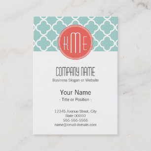Mint and Coral Quatrefoil with Custom Monogram Business Card
