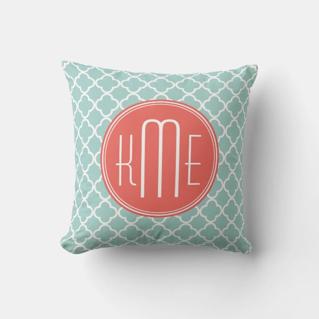 Mint and Coral Quatrefoil with Custom Monogram Cushion (Front)