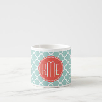 Mint and Coral Quatrefoil with Custom Monogram Espresso Cup