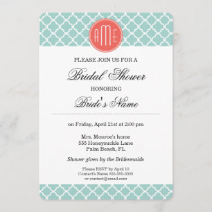 Mint and Coral Quatrefoil with Custom Monogram Invitation