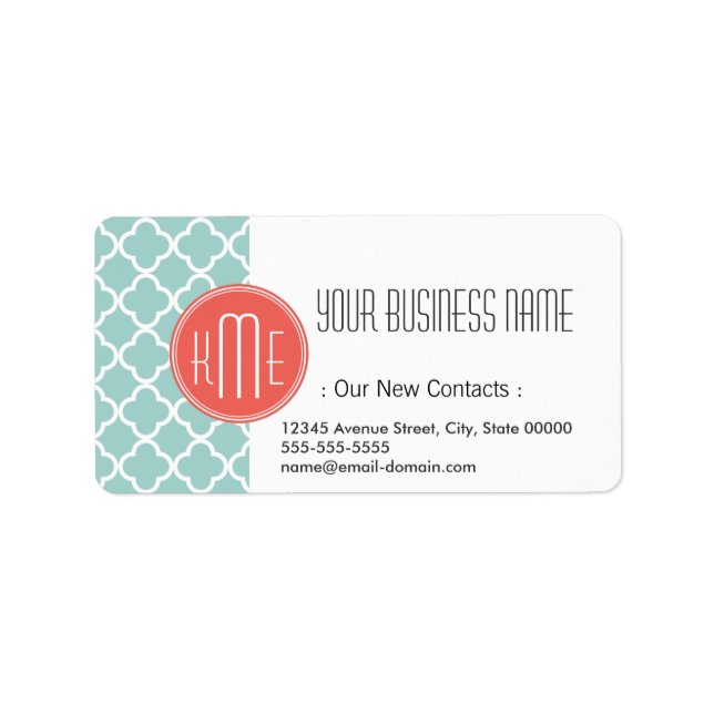 Mint and Coral Quatrefoil with Custom Monogram Label (Front)