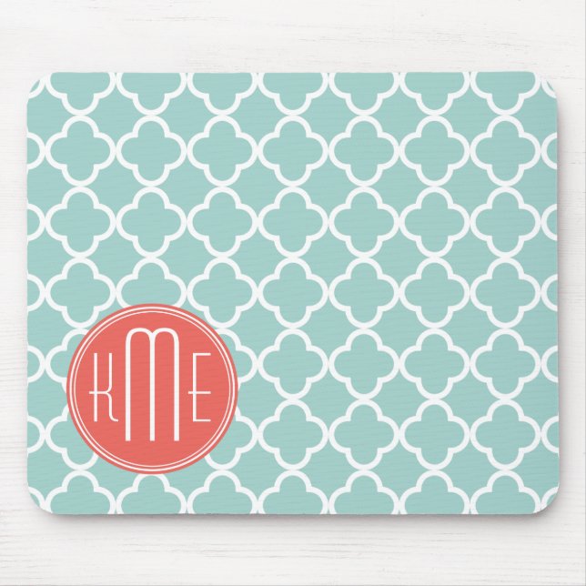 Mint and Coral Quatrefoil with Custom Monogram Mouse Pad (Front)