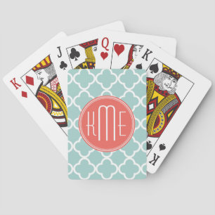 Mint and Coral Quatrefoil with Custom Monogram Playing Cards