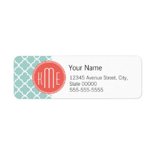 Mint and Coral Quatrefoil with Custom Monogram Return Address Label